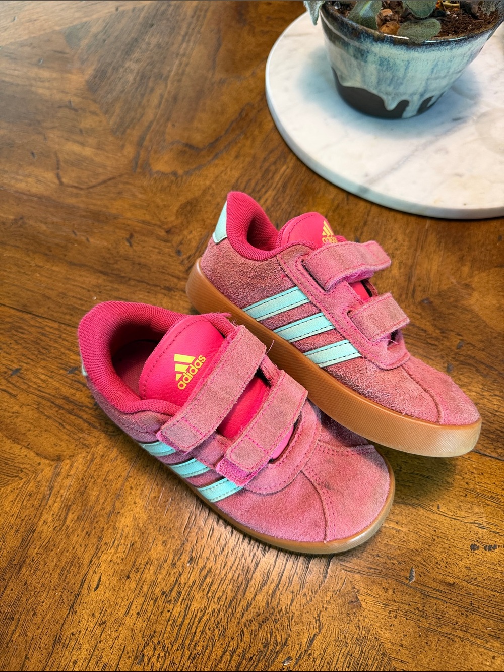 adidas Kids Pink Suede Sneakers with Mint Stripes